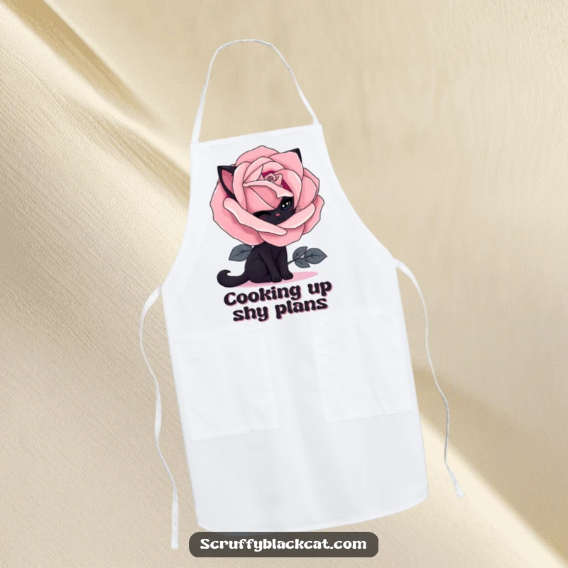 Funny black cat apron showing a shy cat hiding behind a gothic rose, perfect for a humorous kitchen experience.