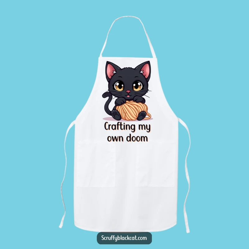 Funny Tangled Cat Apron: Curious Black Cat in Yarn, Kitchen Funny Gift