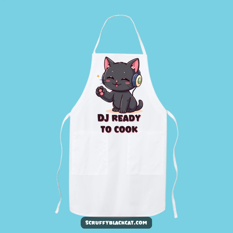 Funny DJ Cat Apron: Black Cat Headphones, Kitchen Music Gift