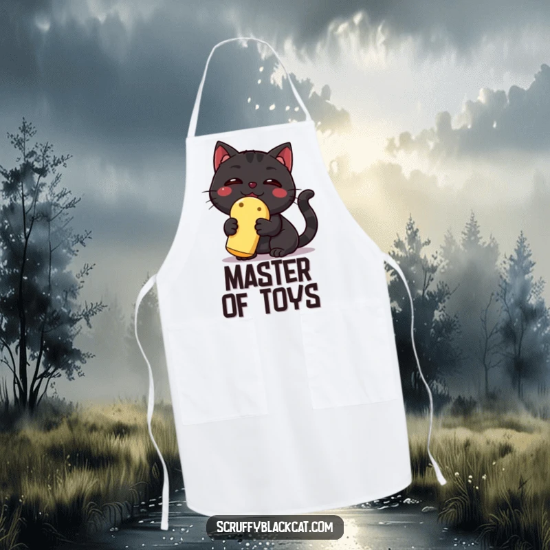 Funny Black Cat Apron: A triumphant black cat proudly holds a squeaky toy, a hilarious addition to any kitchen.