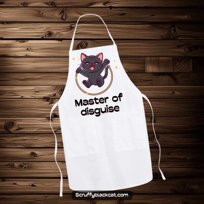 Funny Black Cat Apron: Whimsical kitchen wear featuring a mischievous cat executing a sparkly hoop jump with a triumphant meow.