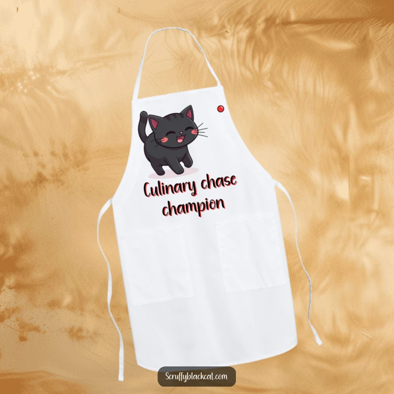 Funny black cat mid-leap, chasing a red laser dot, designed on a practical and amusing apron.