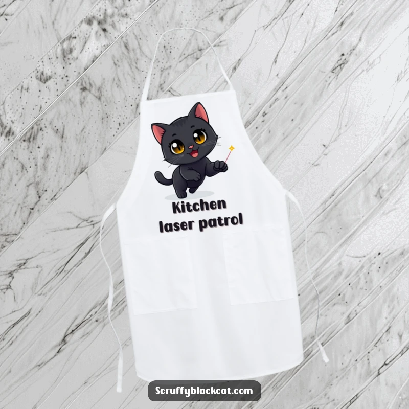 Funny Black Cat Apron: A black cat with wide, delighted eyes is hilariously depicted mid-chase after a bright red laser dot.