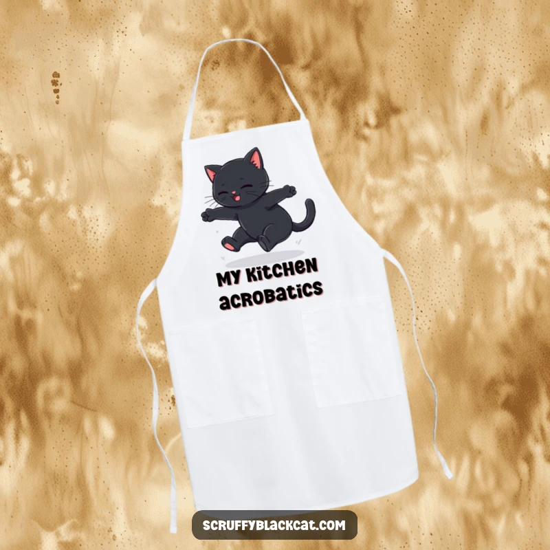 Funny black cat apron depicting a failed leap's soft thud, ideal humorous kitchen wear for clumsy chefs.