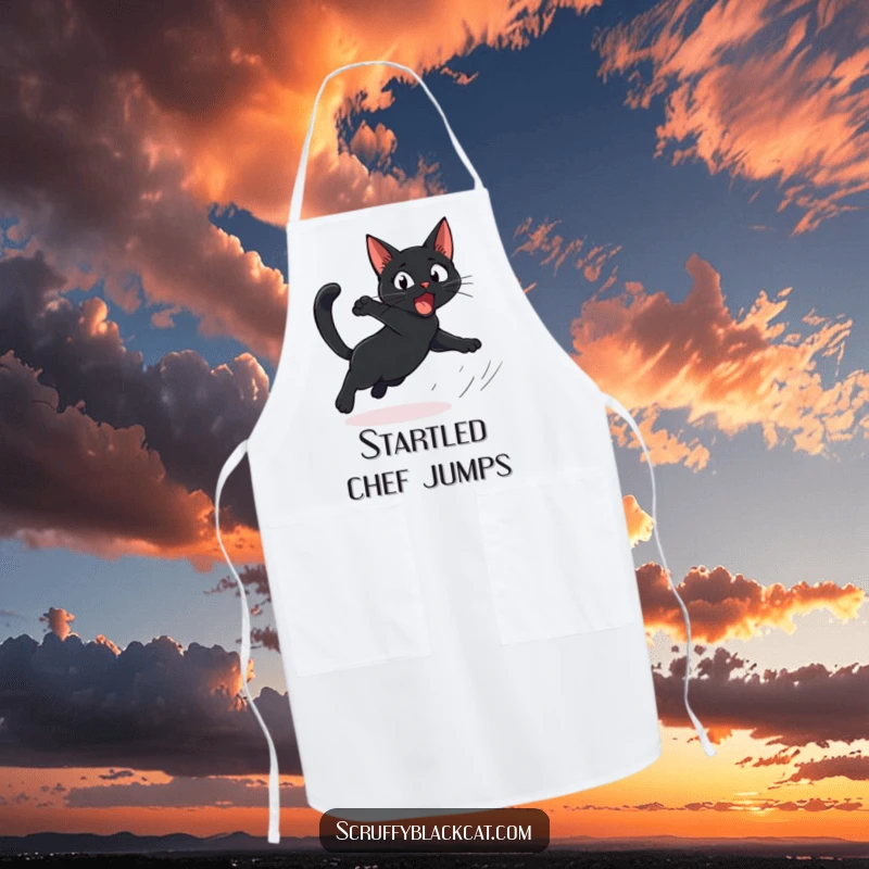 Funny Cat Apron showing a startled black cat comically leaping, perfect for adding comedic surprise to kitchen tasks.