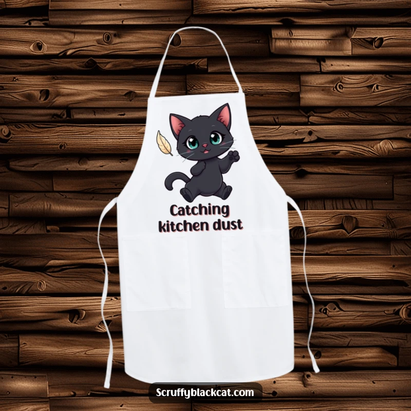 Funny chef apron with a black cat with big eyes leaping for a feather, perfect for humorous cooking adventures.