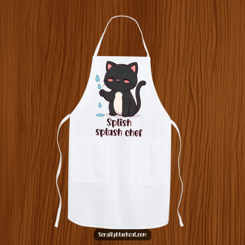 Funny Cat Apron with a black cat sitting upright, playfully batting at a falling raindrop, adding charm to kitchen activities, a great funny gift.
