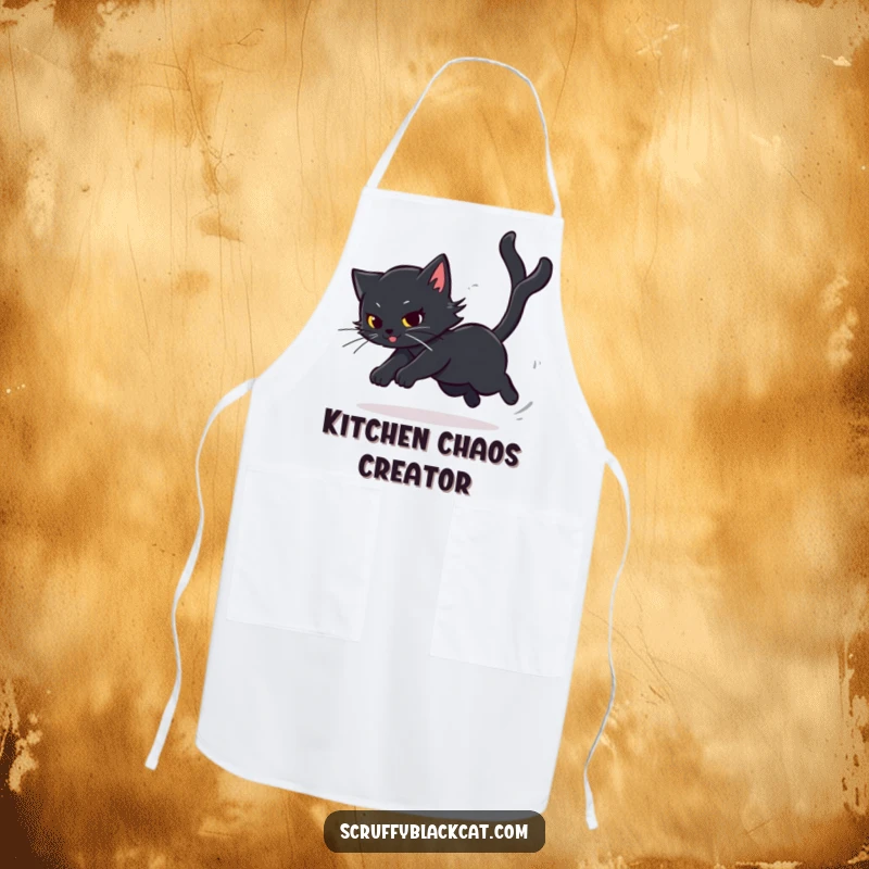 Funny Cat Apron with a black cat playfully chasing its tail at dizzying speed, adding humor to the kitchen, a great funny gift.
