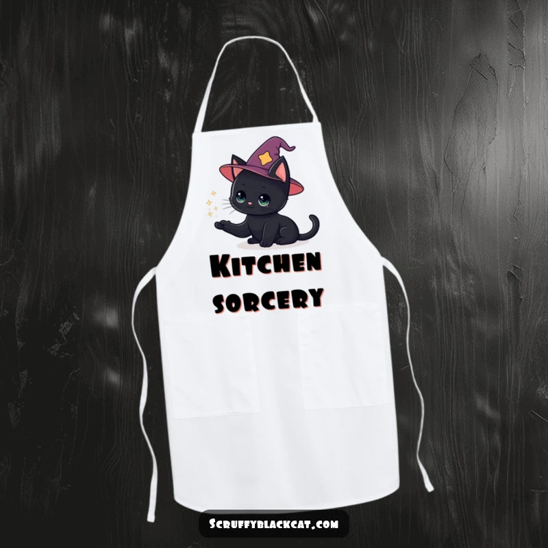Funny cat apron with a black cat wearing a wizard hat, conjuring a sparkly puff, perfect for a magical cook.