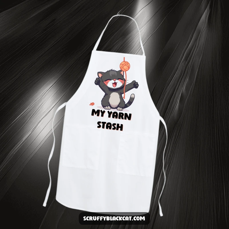 Funny scruffy black cat apron, batting a yarn ball with delight, protective kitchen wear, a funny gift.