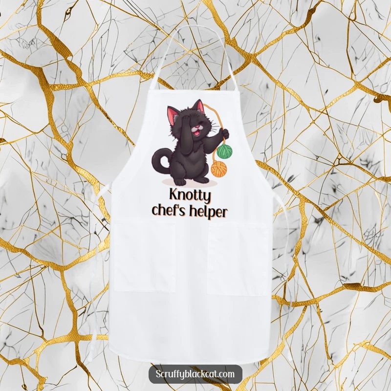 Funny chef apron with a scruffy black cat playfully batting at a yarn ball, perfect for humorous cooking adventures.