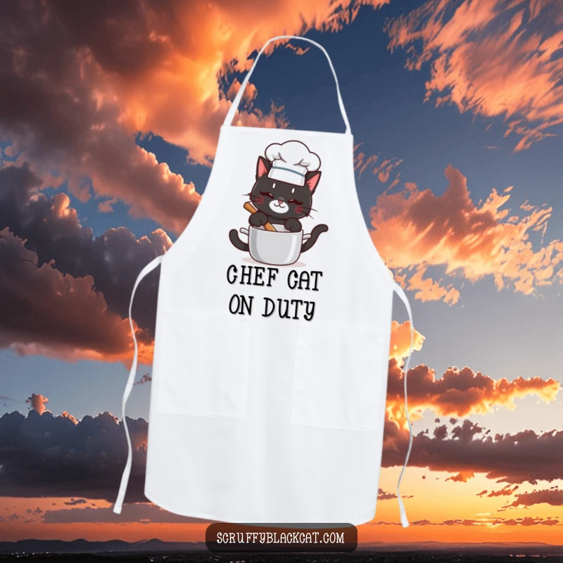 Funny chef apron with a mischievous black cat in a chef hat stirring a pot, perfect for humorous cooking adventures.