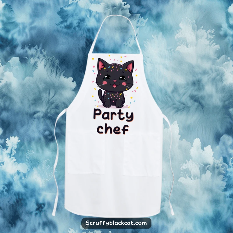 Funny apron showing a black cat with a silly grin, covered in confetti while prepping snacks.