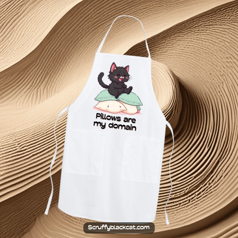 Funny black kitten apron, illustrated joyfully leaping onto a pile of soft, fluffy pillows with a look of pure bliss.