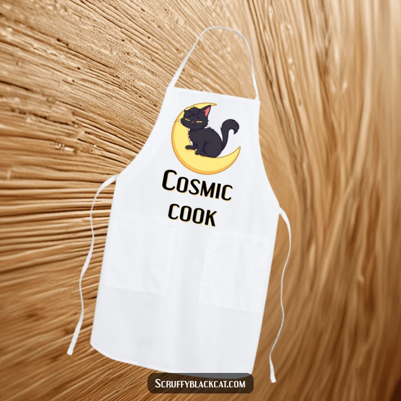 Funny apron showing a scruffy black cat sitting happily on a crescent moon, smiling, ready to cook up some celestial magic.