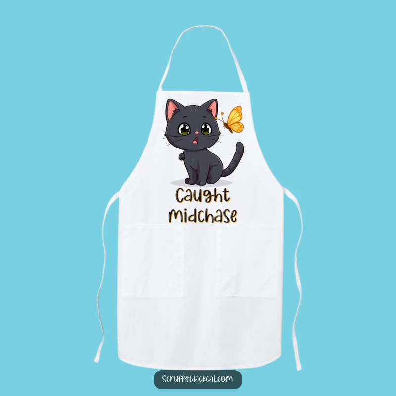 Funny Surprised Cat Apron: Black Cat Chasing Butterfly, Kitchen Funny Gift