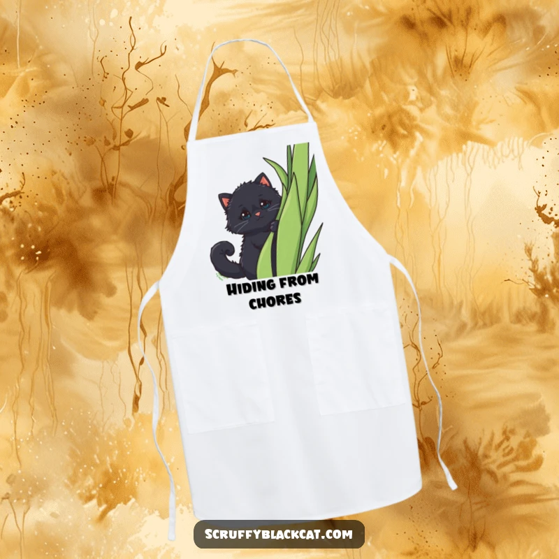 Funny Apron: A fluffy black cat with a curled tail peeking out from behind a tall plant, perfect for a charming kitchen.
