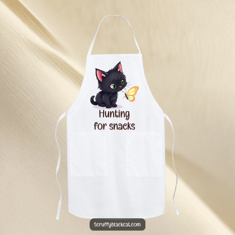 Funny apron showing a scruffy black cat with a determined look, stalking a small, shimmering butterfly in the kitchen.