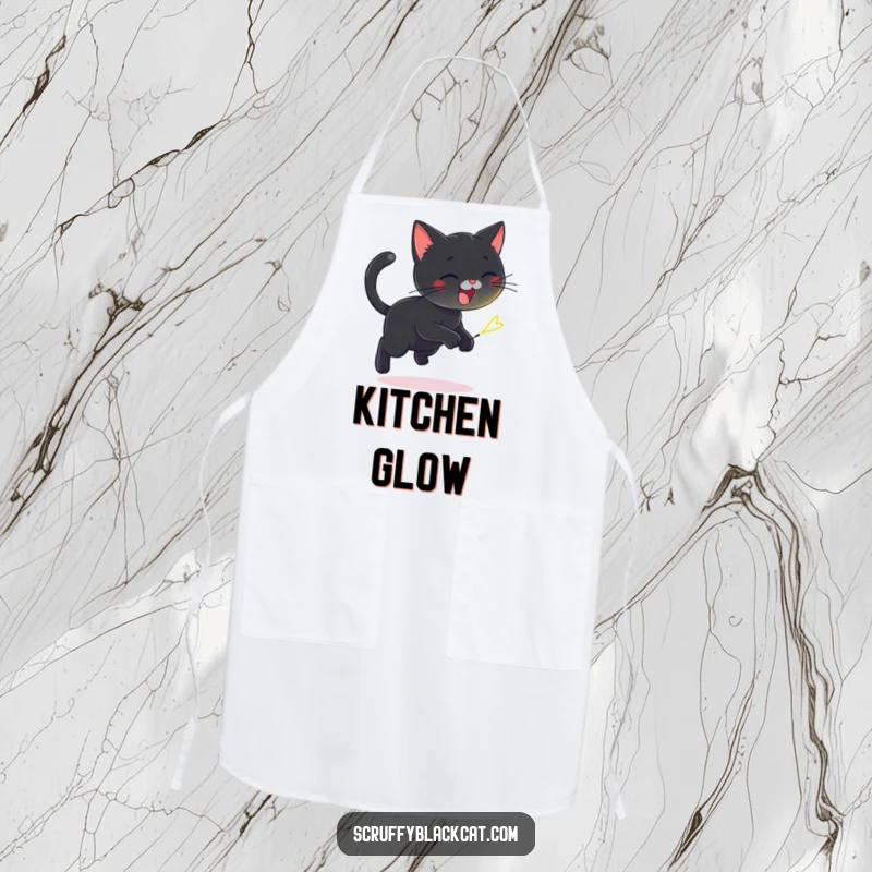 Funny kitchen apron with a playful black cat chasing a tiny, flickering firefly, perfect for a whimsical cooking experience.