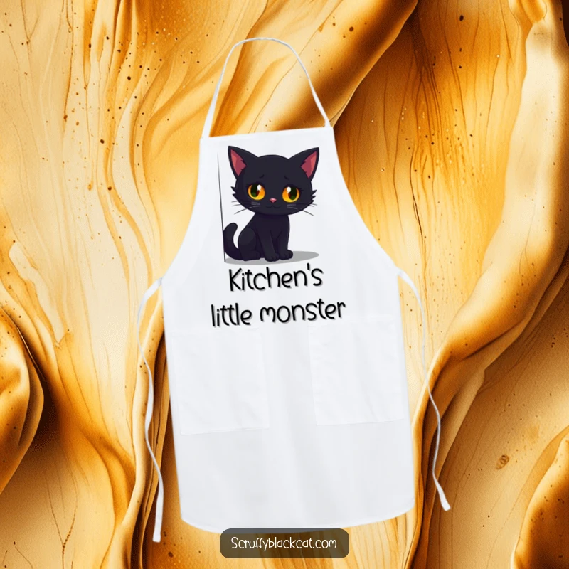 Funny apron featuring a black cat with bright, glowing eyes peeking out from a dark, shadowy corner, ready for cooking.