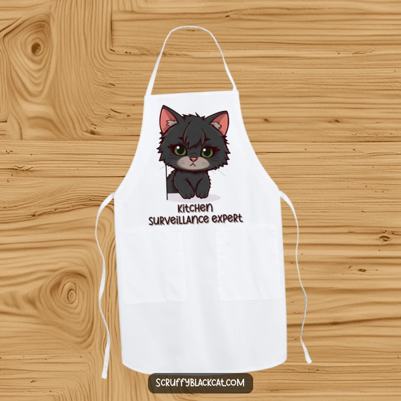 Funny scruffy black cat apron, peeking playfully while cooking, a humorous and practical kitchen item, great funny gift.