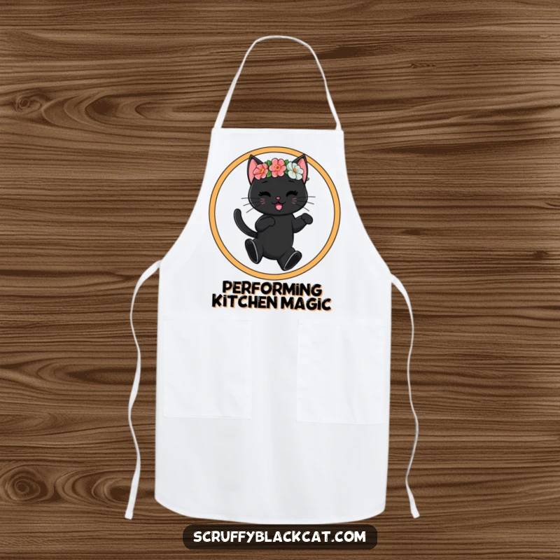Funny black cat wearing a flower crown executes a hoop jump while cooking, illustrated on a functional apron for culinary humor.