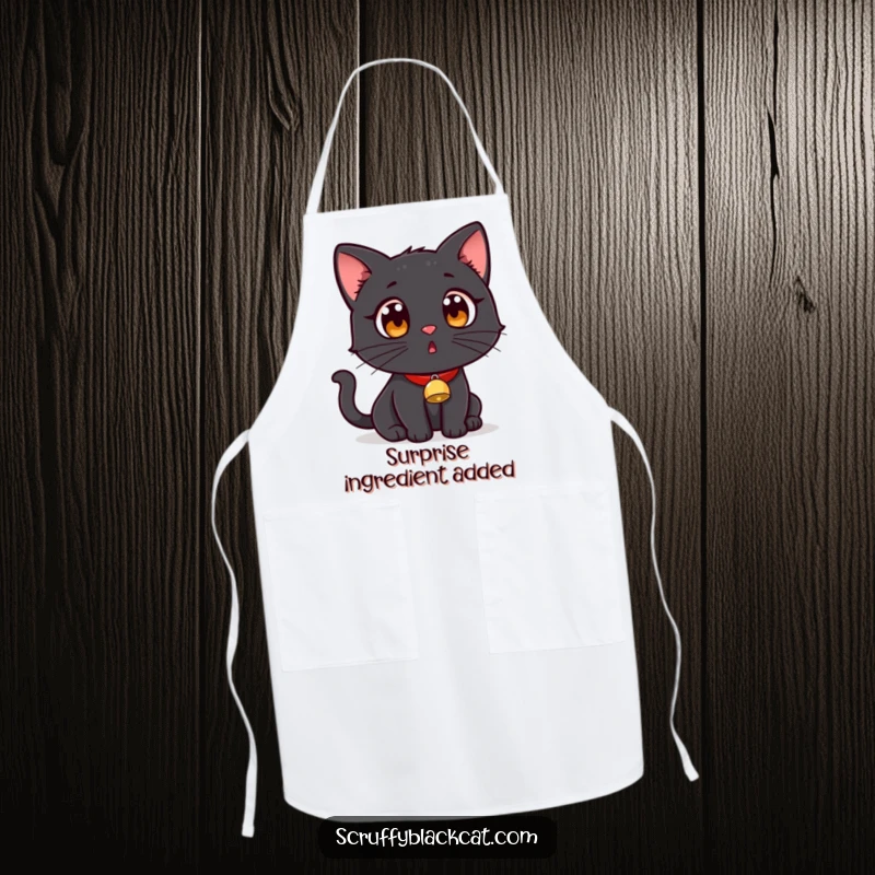 Funny black cat with a tiny bell collar, looking surprised on a practical and humorous kitchen apron.