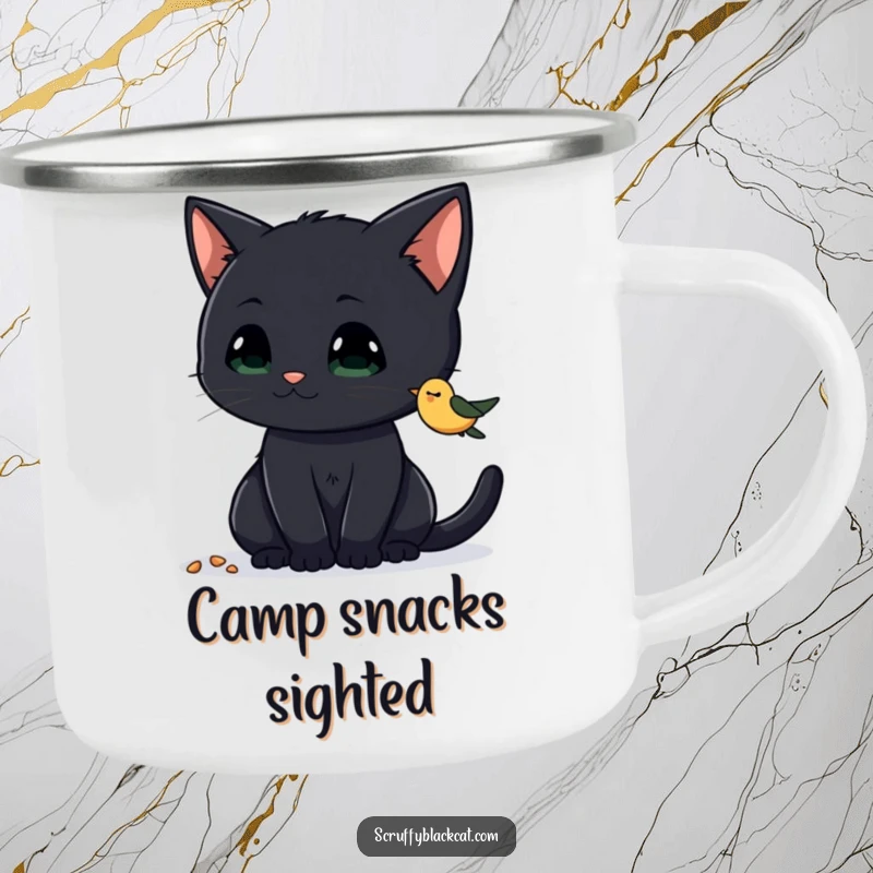 Funny Cat Camping Mug with a curious black cat intently watching birdseed, durable and fun, a great funny gift for outdoor cat lovers.