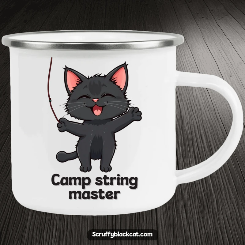 Funny Cat Camping Mug with a scruffy black cat batting a dangling string, perfect for enjoying drinks outdoors with playful humor.