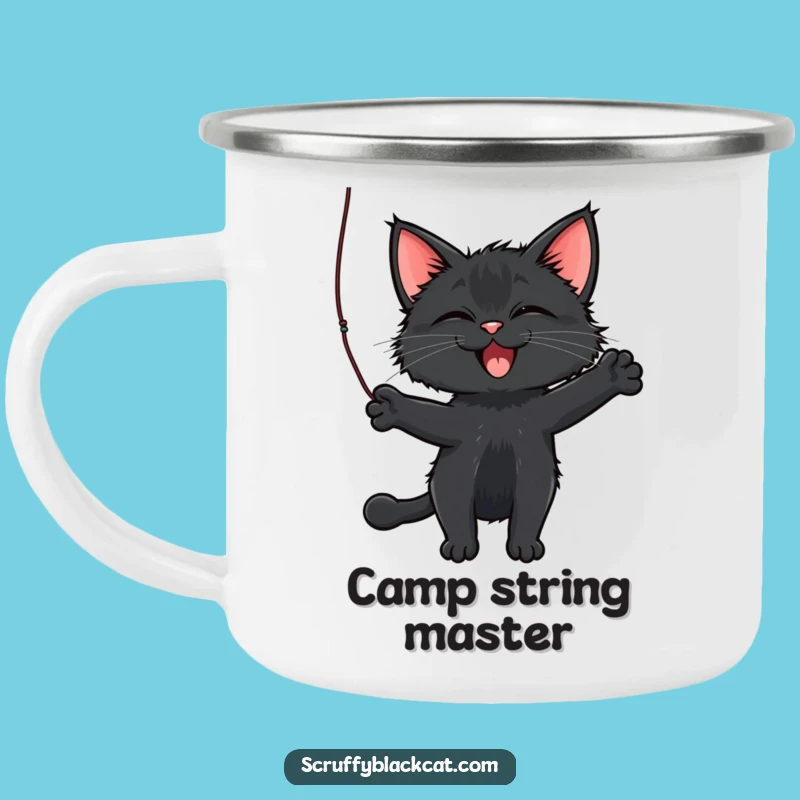 Funny Cat Camping Mug: Scruffy Cat Batting String, Outdoor Play, Perfect Gift