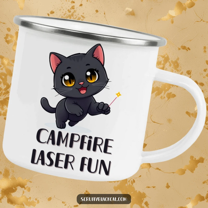 Funny Black Cat Camping Mug: A black cat's wide, ecstatic eyes chase a laser dot, perfect for rugged adventurers who love humor.