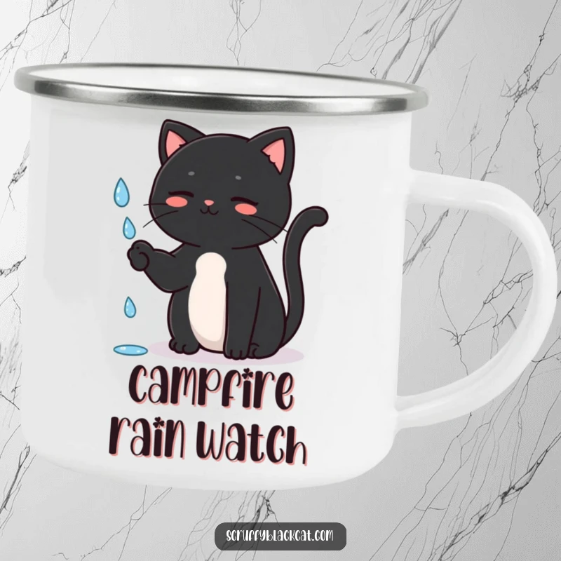 Funny Cat Camping Mug with a black cat batting at a raindrop, durable and charming, a great funny gift for outdoor cat lovers.