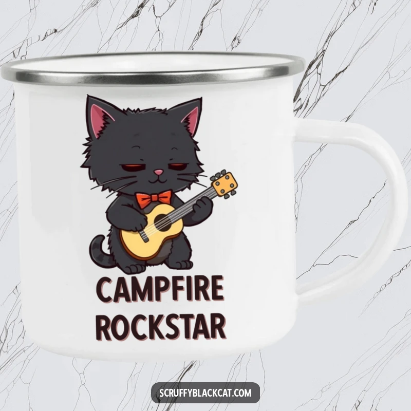 Funny black cat in a bow tie, playing a small guitar, printed on a sturdy camping mug for outdoor fun.