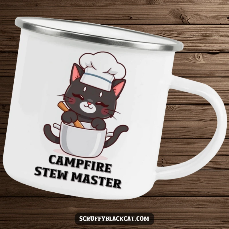 Funny camping mug featuring a mischievous chef cat stirring a pot, perfect for outdoor enjoyment and humorous sipping.