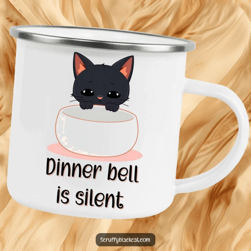 Funny black cat camping mug depicting a cat meowing at an empty bowl, ideal for outdoor humor and coffee.
