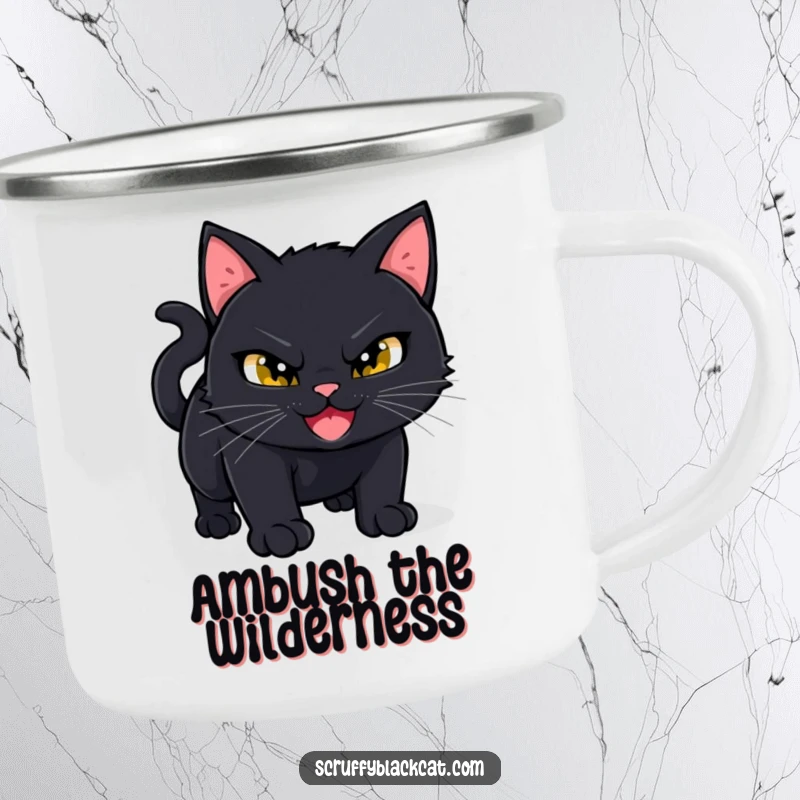 Funny Black Cat Camping Mug: A mischievous black cat grins slyly, poised to pounce, perfect for campers who love humor.