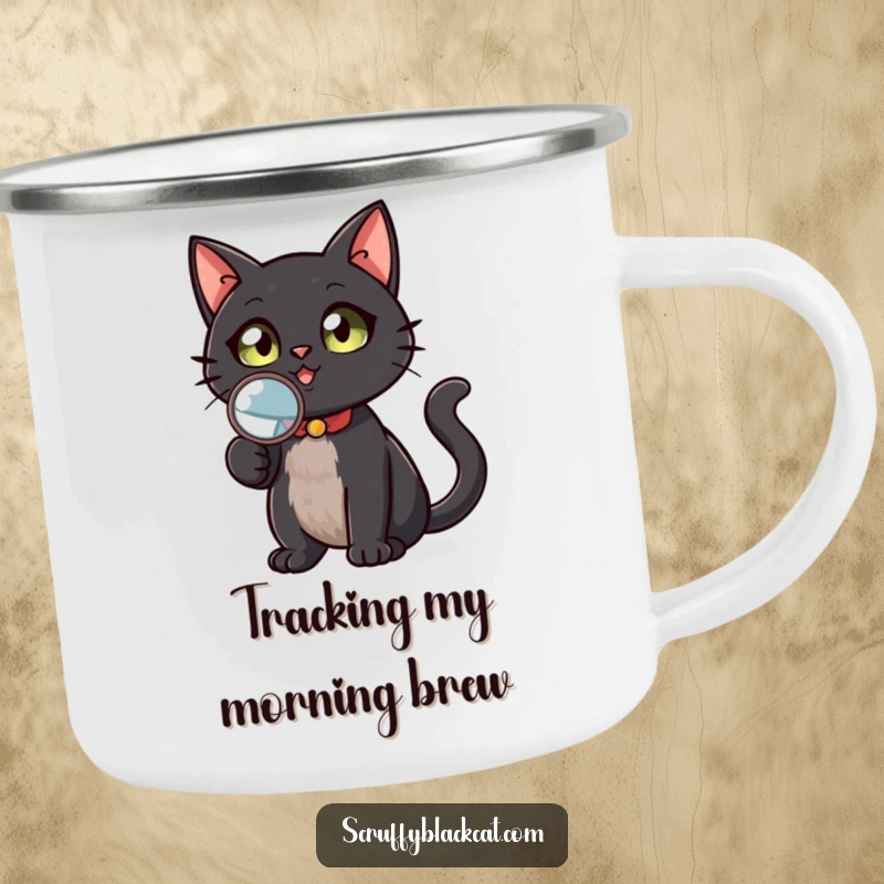 Funny black cat camping mug, holding a magnifying glass, looking up at the stars, ready for adventure, a durable and humorous outdoor gift.