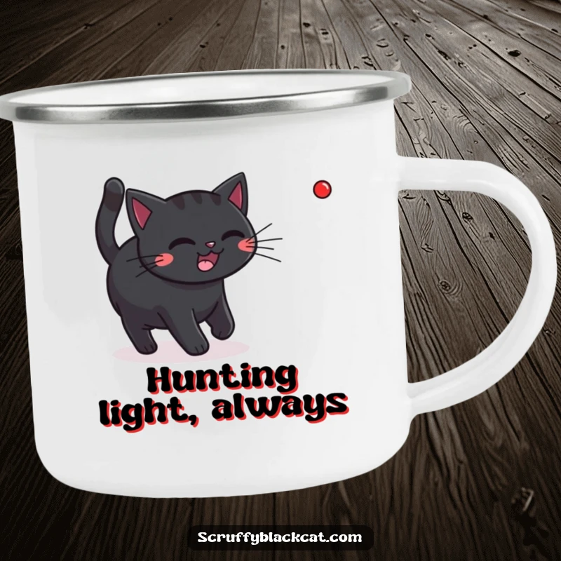Funny black cat chasing a red laser dot, printed on a sturdy camping mug for portable enjoyment.