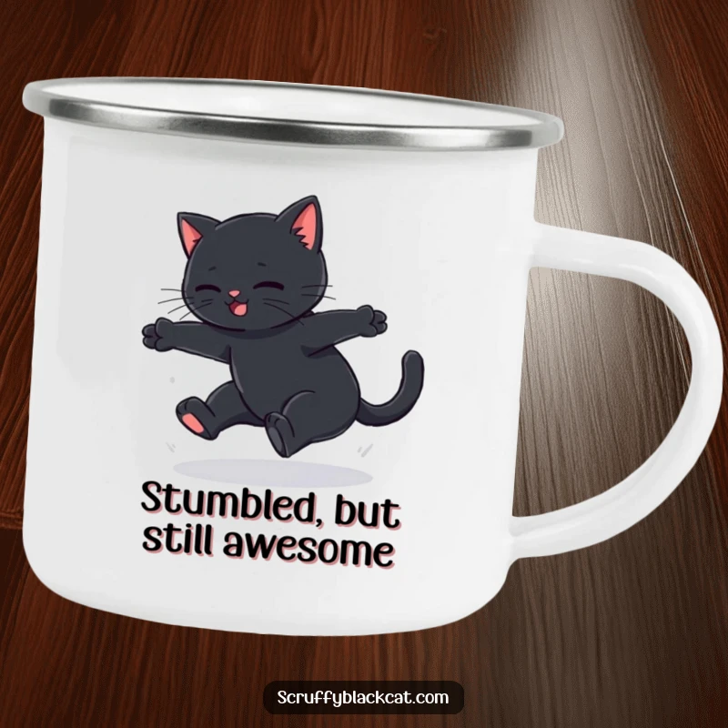 Funny black cat camping mug depicting a failed leap's soft thud, ideal for outdoor humor and coffee lovers.