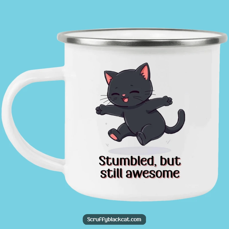 Funny Black Cat Leap Fail Camping Mug - Rugged & Hilarious Outdoor Gift