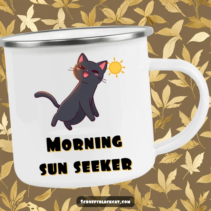 Funny camping mug with a black cat joyfully chasing a vibrant, dancing sunbeam, perfect for sunny outdoor activities.