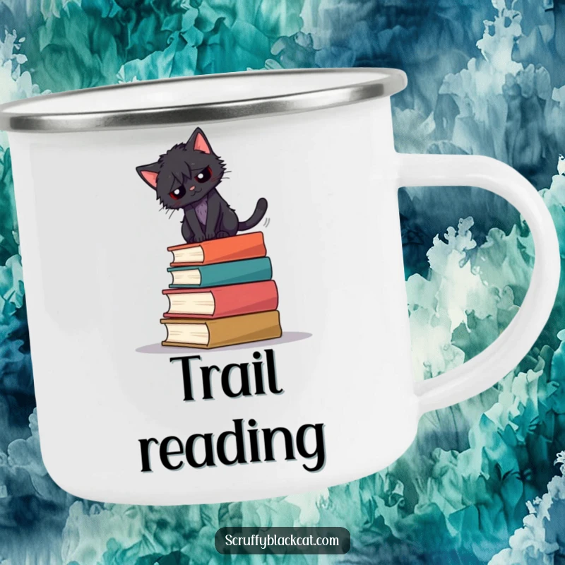 Funny camping mug with a scruffy black cat balancing on books in a wilderness setting.