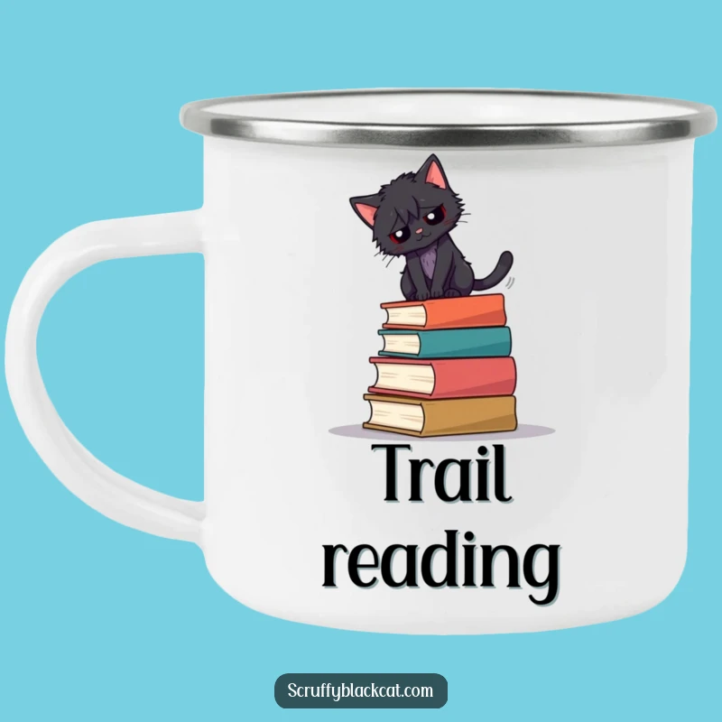 Funny Book Cat Balance Camping Mug: Adventure and Literature Brew