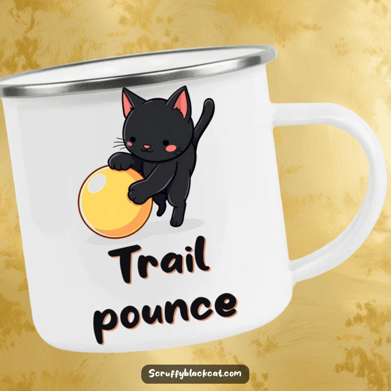 Funny cat camping mug with a black cat in a playful pounce over a bouncy ball, for outdoor adventurers.