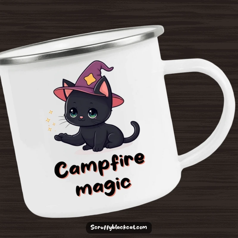 Funny cat camping mug with a black cat in a wizard hat conjuring a sparkly puff, for outdoor adventurers.