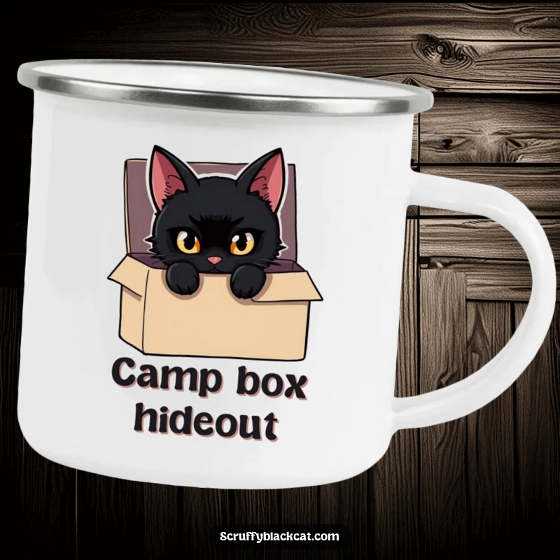 Funny Cat Camping Mug with a mischievous black cat peeking from a box, eyes gleaming, perfect for outdoor enjoyment with mystery.