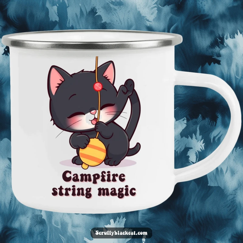 Funny camping mug featuring a small black cat playfully batting at a dangling string toy, perfect for outdoor excursions.