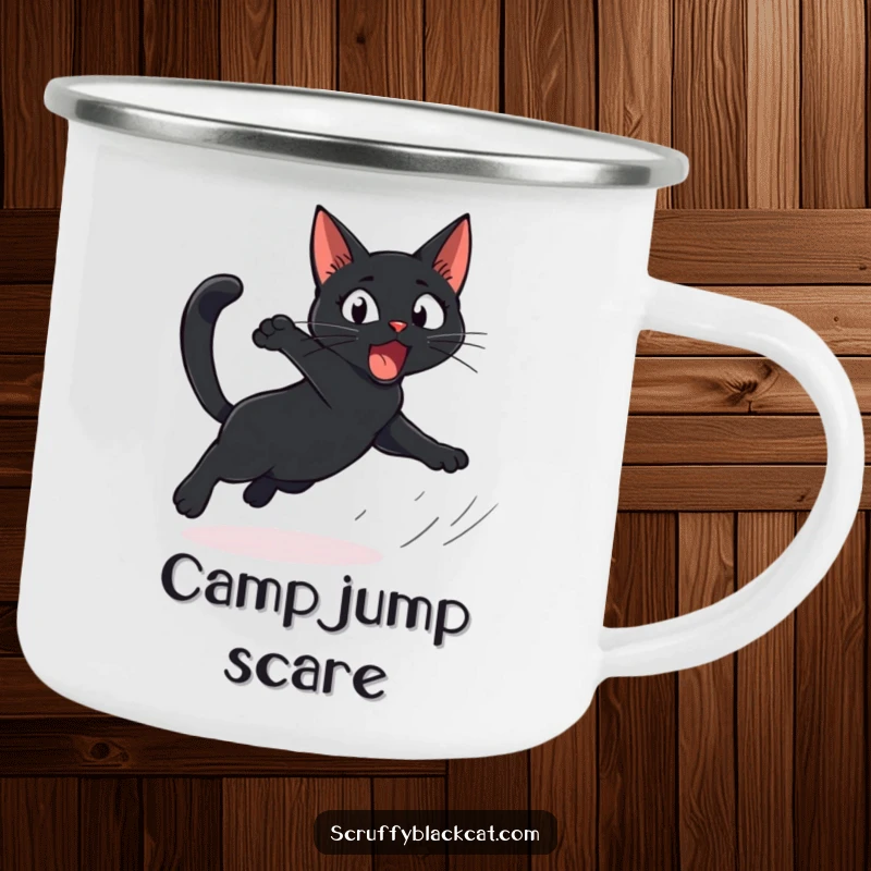 Funny Cat Camping Mug with a startled black cat comically leaping, perfect for enjoying drinks outdoors with comedic surprise.