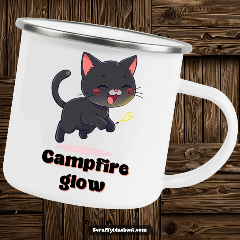 Funny enamel camping mug with a playful black cat chasing a tiny, flickering firefly, ideal for outdoor drinks and magic.