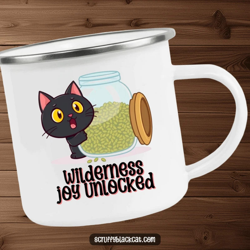 Funny black cat camping mug, surprised expression finding giant catnip jar, pure delight, durable and humorous funny gift.